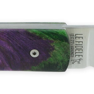 Le 20/20 Couteau Pliant Plein Manche Loupe de Peuplier Stabilisé Teinté Vert et Mauve 11cm Ressort Lisse Personnalisable