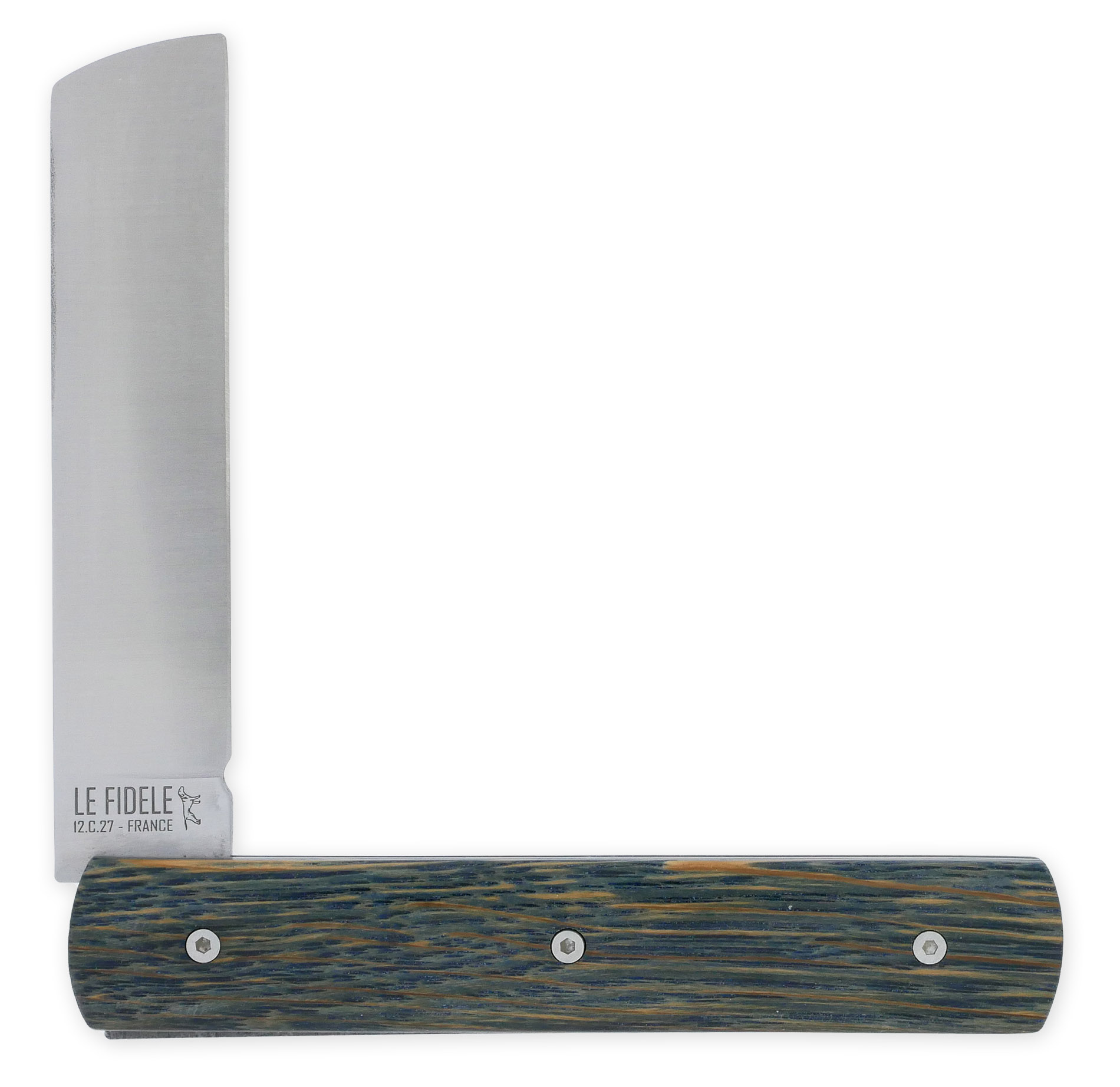 Le 20/20 Couteau Pliant Plein Manche Chêne Stabilisé Teinté Bleu 11cm Ressort Lisse Personnalisable