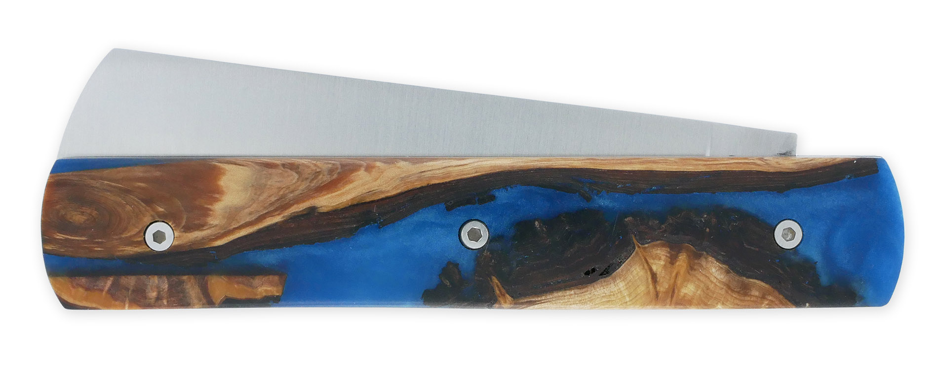 Le 20/20 Couteau Pliant Plein Manche Genévrier Stabilisé Teinté Bleu 11cm Ressort Lisse Personnalisable